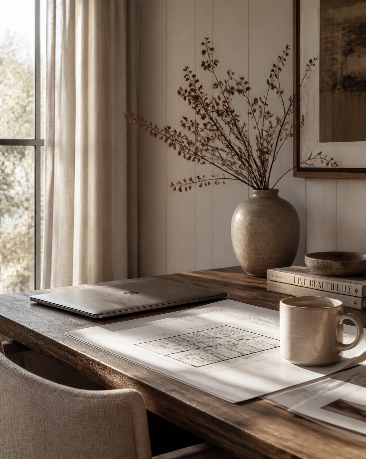 Quiet home office corner with floor plans, a ceramic mug and morning light