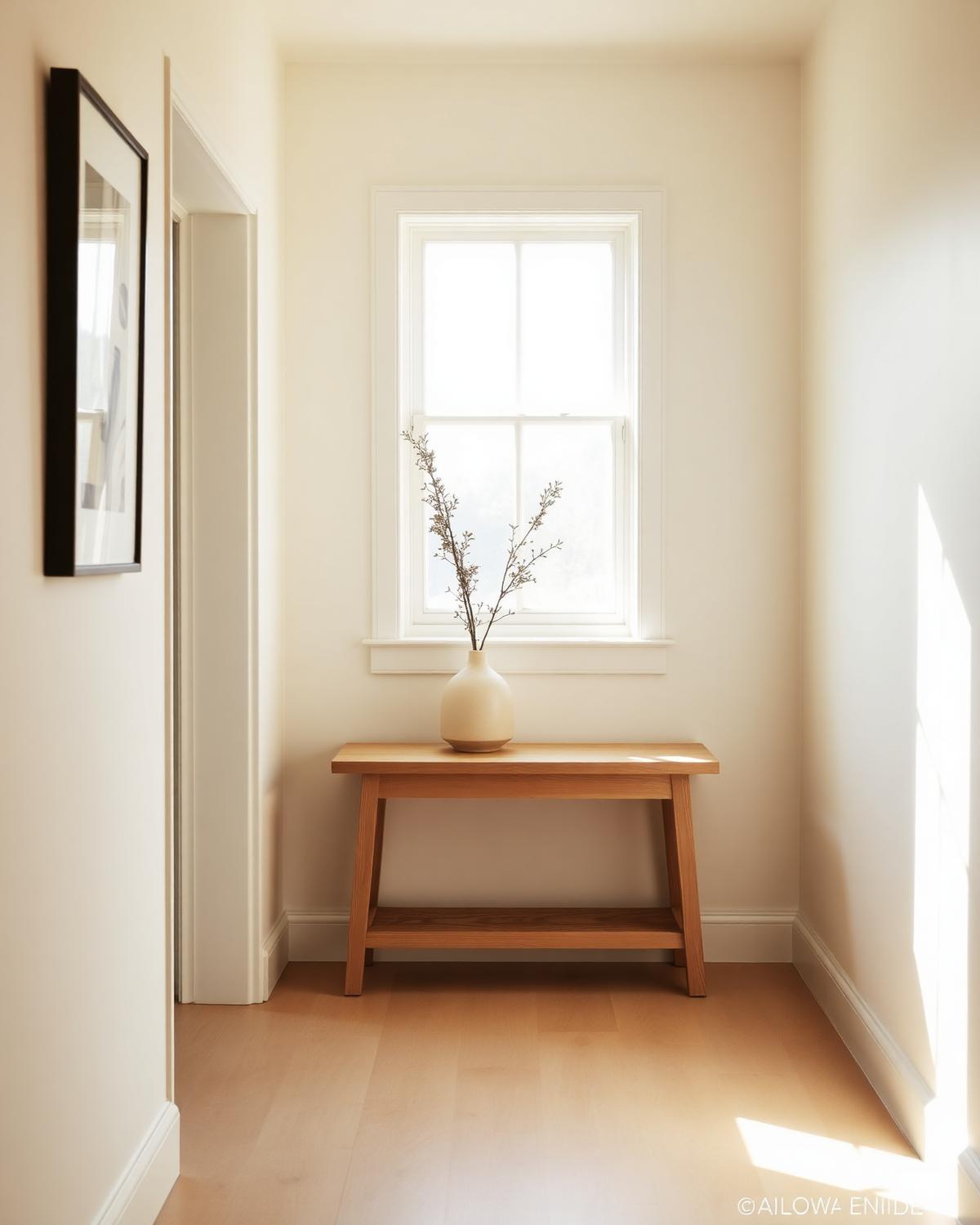 Quiet hallway with pale oak bench and a single ceramic vase