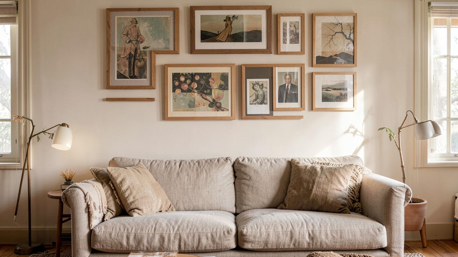 Curated gallery wall in oak frames above a linen sofa in a warm transitional room