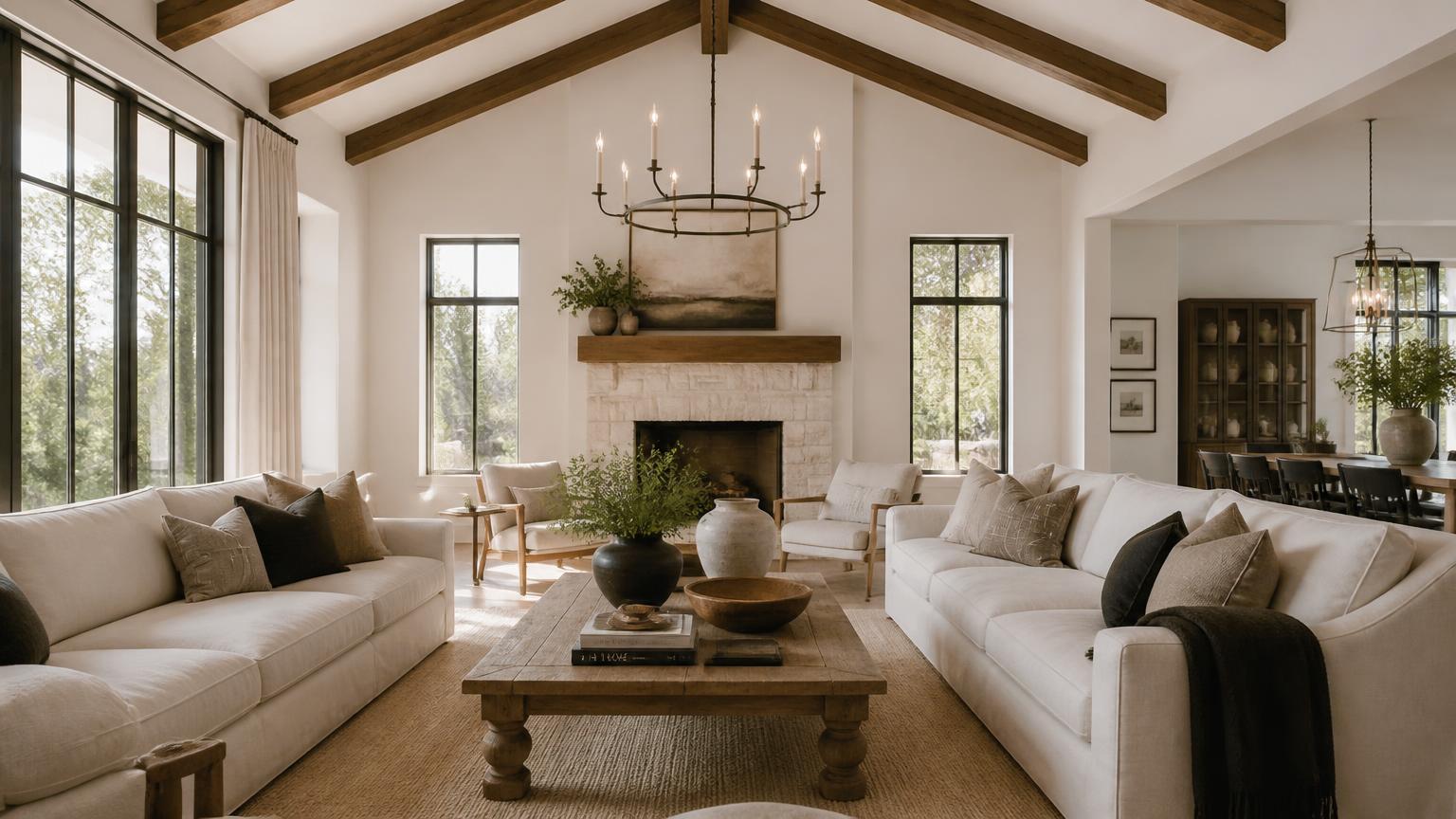 Modern farmhouse great room with vaulted beamed ceiling and linen sofas