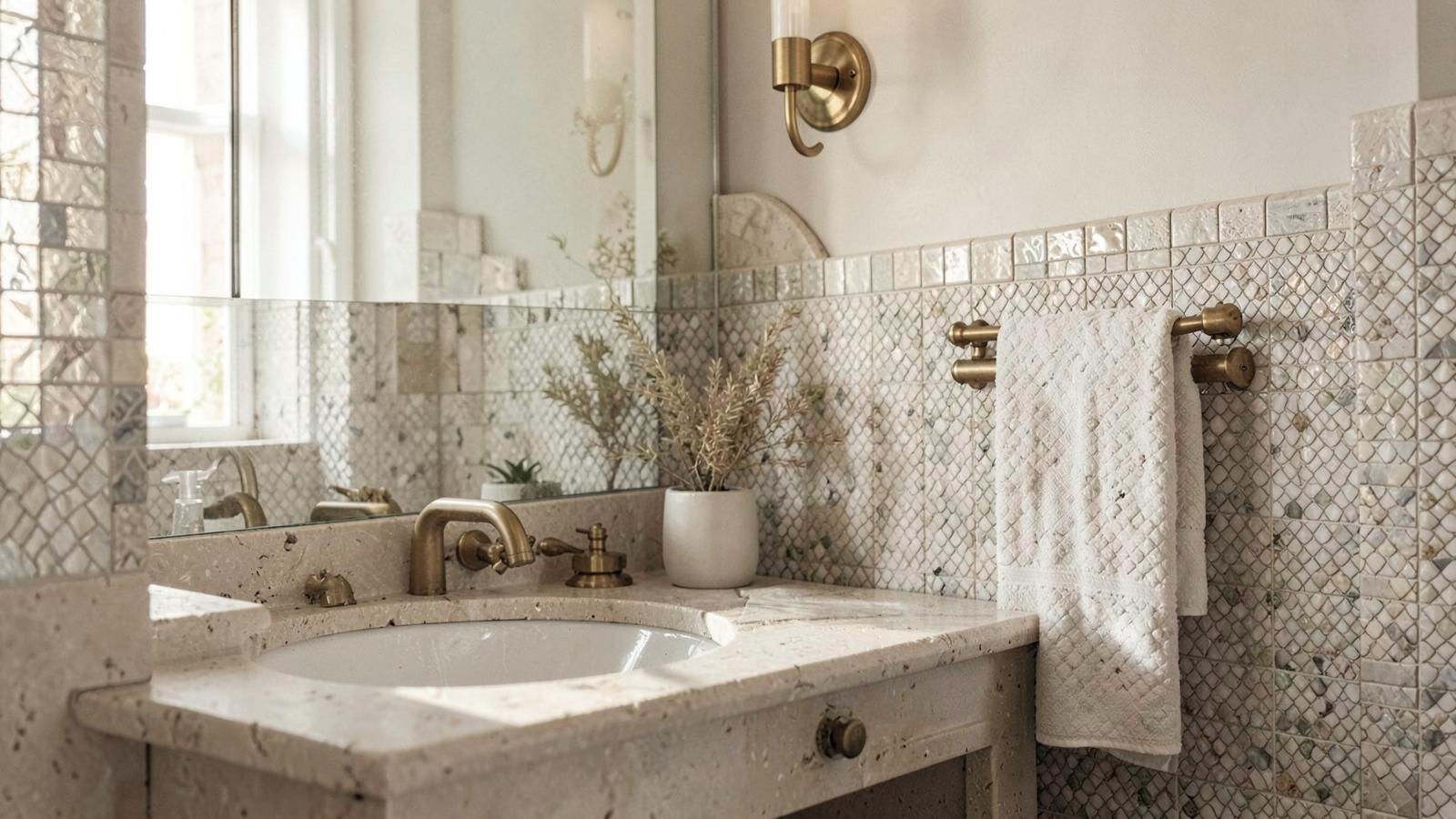 Stone vanity with brass fittings and handmade tile in a serene primary bathroom